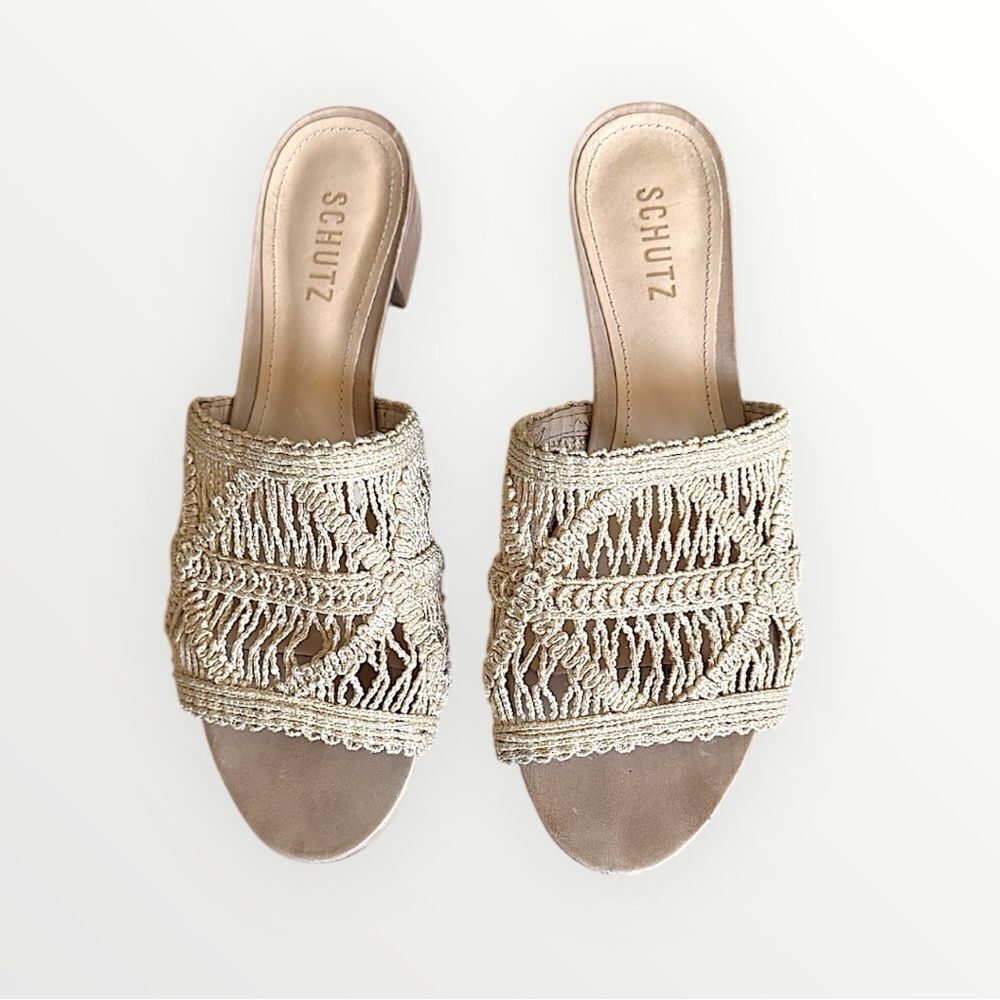 Schutz Nahara Cru Woven Slides Sandals Beige Woven Crochet Anthropologie Sz 10 - Picture 7 of 12